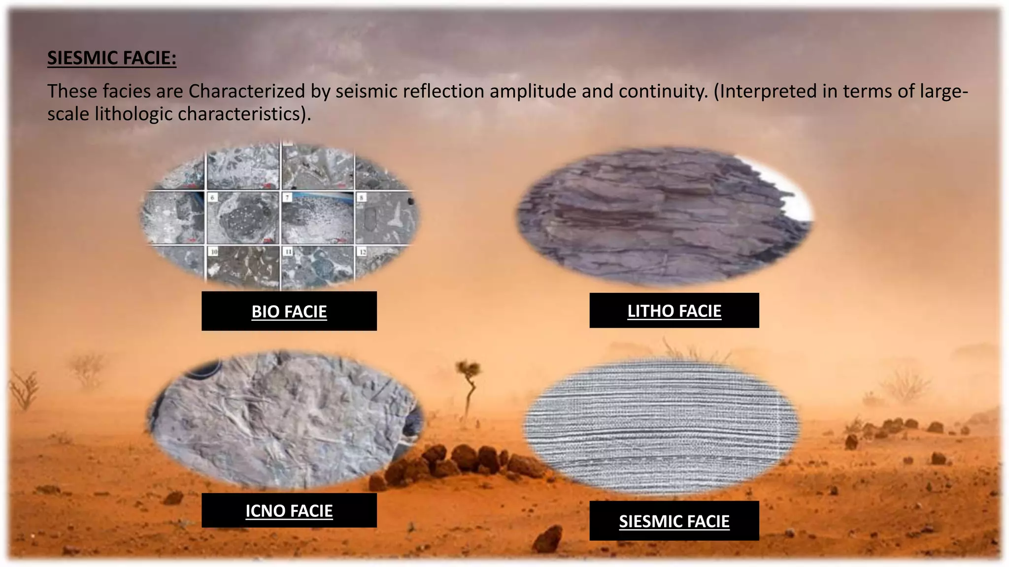 BIO FACIE LITHO FACIE
ICNO FACIE
SIESMIC FACIE
SIESMIC FACIE:
These facies are Characterized by seismic reflection amplitude and continuity. (Interpreted in terms of large-
scale lithologic characteristics).
 