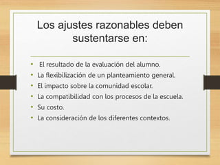Los ajustes razonables deben
sustentarse en:
• El resultado de la evaluación del alumno.
• La flexibilización de un planteamiento general.
• El impacto sobre la comunidad escolar.
• La compatibilidad con los procesos de la escuela.
• Su costo.
• La consideración de los diferentes contextos.
 