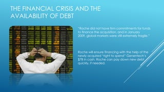 THE FINANCIAL CRISIS AND THE
AVAILABILITY OF DEBT
“Roche did not have firm commitments for funds
to finance the acquisition, and in January
2009, global markets were still extremely fragile.”
Roche will ensure financing with the help of the
newly acquired “right to spend” Genentech‟s
$7B in cash. Roche can pay down new debt
quickly, if needed.
 