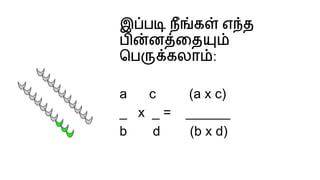 இ ப ந க எ த
ப ன ைத
ெப கலா :
a c (a x c)
_ x _ = ______
b d (b x d)
 