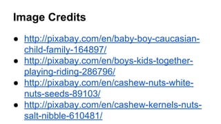 Image Credits
● http://pixabay.com/en/baby-boy-caucasian-
child-family-164897/
● http://pixabay.com/en/boys-kids-together-
playing-riding-286796/
● http://pixabay.com/en/cashew-nuts-white-
nuts-seeds-89103/
● http://pixabay.com/en/cashew-kernels-nuts-
salt-nibble-610481/
 