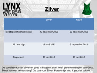 Zilver
Zilver

Goud

Dieptepunt financiële crisis

20 november 2008

12 november 2008

All time high

28 april 2011

5 september 2011

Dieptepunt

27 juni 2013

27 juni 2013

De correlatie tussen zilver en goud is hoog en zilver heeft grotere uitslagen dan Goud.
Zeker van een verwachting? Ga dan voor Zilver. Persoonlijk vind ik goud al volatiel.

 