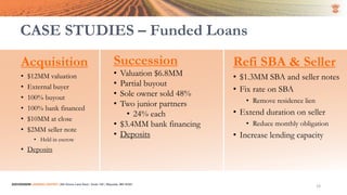 CASE STUDIES – Funded Loans
Acquisition
• $12MM valuation
• External buyer
• 100% buyout
• 100% bank financed
• $10MM at close
• $2MM seller note
• Held in escrow
• Deposits
Succession
• Valuation $6.8MM
• Partial buyout
• Sole owner sold 48%
• Two junior partners
• 24% each
• $3.4MM bank financing
• Deposits
SUCCESSION LENDING CENTER | 294 Grove Lane East | Suite 120 | Wayzata, MN 55391
19
Refi SBA & Seller
• $1.3MM SBA and seller notes
• Fix rate on SBA
• Remove residence lien
• Extend duration on seller
• Reduce monthly obligation
• Increase lending capacity
 