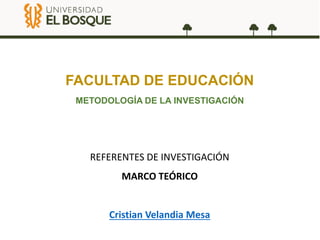 FACULTAD DE EDUCACIÓN
METODOLOGÍA DE LA INVESTIGACIÓN
REFERENTES DE INVESTIGACIÓN
MARCO TEÓRICO
Cristian Velandia Mesa
 