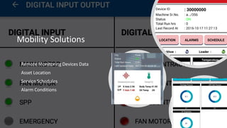 Mobility Solutions
Remote Monitoring Devices Data
Asset Location
Service Schedules
Alarm Conditions
 