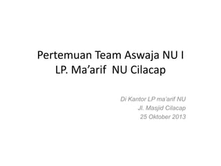 Pertemuan Team Aswaja NU I
LP. Ma’arif NU Cilacap
Di Kantor LP ma’arif NU
Jl. Masjid Cilacap
25 Oktober 2013