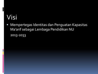 Visi 
 Mempertegas Identitas dan Penguatan Kapasitas 
Ma’arif sebagai Lembaga Pendidikan NU 
2013-2033 
 