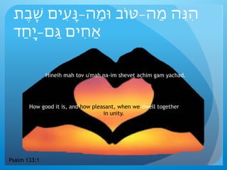 ‫ֶת‬‫ב‬ֶֽ‫ׁש‬ ‫ִים‬‫ע‬ָ‫ּנ‬-‫ַה‬‫מ‬‫ּו‬ ‫ַה-ּטֹוב‬‫מ‬ ‫ֵה‬‫ּנ‬ִ‫ה‬
‫ַד‬‫ח‬ָֽ‫י‬-‫ַם‬‫ּג‬ ‫ִים‬‫ח‬ַ‫א‬
Hineih mah tov u'mah na-im shevet achim gam yachad.
How good it is, and how pleasant, when we dwell together in in in
in unity.
Psalm 133:1
 