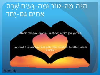 ‫ֶת‬‫ב‬ֶֽ‫ׁש‬ ‫ִים‬‫ע‬ָ‫ּנ‬-‫ַה‬‫מ‬‫ּו‬ ‫ַה-ּטֹוב‬‫מ‬ ‫ֵה‬‫ּנ‬ִ‫ה‬
‫ַד‬‫ח‬ָֽ‫י‬-‫ַם‬‫ּג‬ ‫ִים‬‫ח‬ַ‫א‬
Hineih mah tov u'mah na-im shevet achim gam yachad.
How good it is, and how pleasant, when we dwell together in in in
in unity.
Psalm 133:1
 
