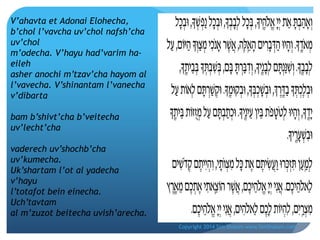 V’ahavta et Adonai Elohecha,
b’chol l’vavcha uv’chol nafsh’cha
uv’chol
m’odecha. V’hayu had’varim haeileh
asher anochi m’tzav’cha hayom al
l’vavecha. V’shinantam l’vanecha
v’dibarta
bam b’shivt’cha b’veitecha
uv’lecht’cha
vaderech uv’shochb’cha
uv’kumecha.
Uk’shartam l’ot al yadecha
v’hayu
l’totafot bein einecha.
Uch’tavtam
al m’zuzot beitecha uvish’arecha.
Copyright 2014 Sim Shalom www.SimShalom.com

 