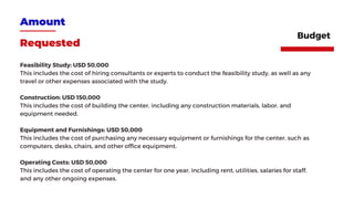Amount
Requested
Feasibility Study: USD 50,000
This includes the cost of hiring consultants or experts to conduct the feasibility study, as well as any
travel or other expenses associated with the study.
Construction: USD 150,000
This includes the cost of building the center, including any construction materials, labor, and
equipment needed.
Equipment and Furnishings: USD 50,000
This includes the cost of purchasing any necessary equipment or furnishings for the center, such as
computers, desks, chairs, and other office equipment.
Operating Costs: USD 50,000
This includes the cost of operating the center for one year, including rent, utilities, salaries for staff,
and any other ongoing expenses.
Budget
 