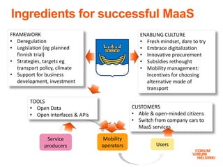 Ingredients for successful MaaS
Service
producers
Mobility
operators Users
TOOLS
• Open Data
• Open interfaces & APIs
FRAMEWORK
• Deregulation
• Legislation (eg planned
finnish trial)
• Strategies, targets eg
transport policy, climate
• Support for business
development, investment
ENABLING CULTURE
• Fresh mindset, dare to try
• Embrace digitalization
• Innovative procurement
• Subsidies rethought
• Mobility management:
Incentives for choosing
alternative mode of
transport
CUSTOMERS
• Able & open-minded citizens
• Switch from company cars to
MaaS services
 
