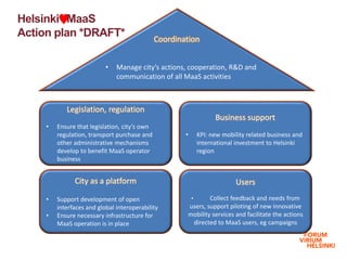 Helsinki♥MaaS
Action plan *DRAFT*
Main title
Content
Legislation, regulation
• Ensure that legislation, city’s own
regulation, transport purchase and
other administrative mechanisms
develop to benefit MaaS operator
business
Business support
• KPI: new mobility related business and
international investment to Helsinki
region
Users
• Collect feedback and needs from
users, support piloting of new innovative
mobility services and facilitate the actions
directed to MaaS users, eg campaigns
City as a platform
• Support development of open
interfaces and global interoperability
• Ensure necessary infrastructure for
MaaS operation is in place
Coordination
• Manage city’s actions, cooperation, R&D and
communication of all MaaS activities
 