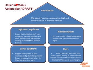 Helsinki♥MaaS
Action plan *DRAFT*
Main title
Content
Legislation, regulation
• Ensure that legislation, city’s own
regulation, transport purchase and
other administrative mechanisms
develop to benefit MaaS operator
business
Business support
• KPI: new mobility related business and
international investment to Helsinki
region
Users
• Collect feedback and needs from
users, support piloting of new innovative
mobility services and facilitate the actions
directed to MaaS users, eg campaigns
City as a platform
• Support development of open
interfaces and global interoperability
• Ensure necessary infrastructure for
MaaS operation is in place
Coordination
• Manage city’s actions, cooperation, R&D and
communication of all MaaS activities
 