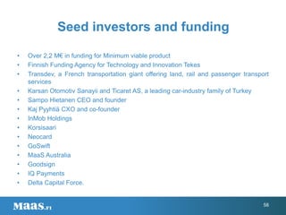 • Over 2,2 M€ in funding for Minimum viable product
• Finnish Funding Agency for Technology and Innovation Tekes
• Transdev, a French transportation giant offering land, rail and passenger transport
services
• Karsan Otomotiv Sanayii and Ticaret AS, a leading car-industry family of Turkey
• Sampo Hietanen CEO and founder
• Kaj Pyyhtiä CXO and co-founder
• InMob Holdings
• Korsisaari
• Neocard
• GoSwift
• MaaS Australia
• Goodsign
• IQ Payments
• Delta Capital Force.
Seed investors and funding
58
 