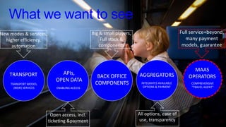 What we want to see
TRANSPORT MODES,
(NEW) SERVICES
MAAS
OPERATORSBACK OFFICE
COMPONENTS
APIs,
OPEN DATA
AGGREGATORS
COMPREHENSIVE
”TRAVEL AGENT”
INTEGRATES AVAILABLE
OPTIONS & PAYMENT
TRANSPORT
ENABLING ACCESS
New modes & services,
higher efficiency,
automation
Full service+beyond,
many payment
models, guarantee
Open access, incl.
ticketing &payment
Big & small players,
Full stack &
components
All options, ease of
use, transparency
 