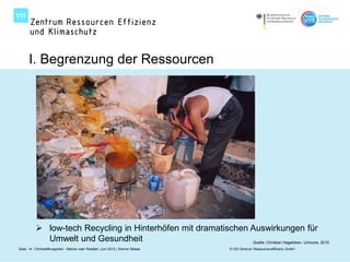 I. Begrenzung der Ressourcen




           low-tech Recycling in Hinterhöfen mit dramatischen Auswirkungen für
            Umwelt und Gesundheit                              Quelle: Christian Hagelüken, Umicore, 2010
Seite 14 I Rohstoffknappheit - Mythos oder Realität | Juni 2012 | Werner Maass   © VDI Zentrum Ressourceneffizienz GmbH
 