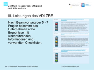 III. Leistungen des VDI ZRE
       Nach Beantwortung der 5 - 7
       Fragen bekommt das
       Unternehmen erste
       Ergebnisse mit
       weiterführenden
       Informationen und
       verwandten Checklisten.




Seite 37 I Rohstoffknappheit - Mythos oder Realität | Juni 2012 | Werner Maass   © VDI Zentrum Ressourceneffizienz GmbH
 