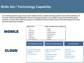 Skills Set / Technology Capability Our mobile expertise spans across both mobile devices, mobile operating systems and mobile platforms. At the core of BusinessIntelligenzeM, Cloud Computing expertise is our ability to help clients develop SaaS products or evolve their existing products to a SaaS/On-demand model. Some of the technology with which we have experience includes: MOBILE CLOUD 