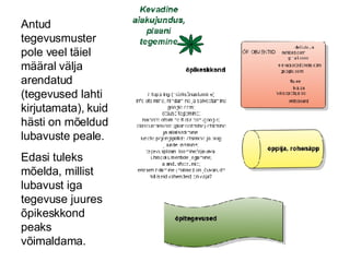 Antud tegevusmuster pole veel täiel määral välja arendatud (tegevused lahti kirjutamata), kuid hästi on mõeldud lubavuste peale. Edasi tuleks mõelda, millist lubavust iga tegevuse juures õpikeskkond peaks võimaldama. 