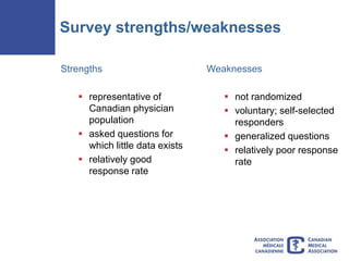 Survey strengths/weaknesses
Strengths
 representative of
Canadian physician
population
 asked questions for
which little...