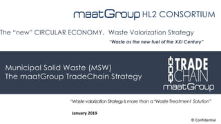 HL2 CONSORTIUM
The “new” CIRCULAR ECONOMY. Waste Valorization Strategy
“Waste as the new fuel of the XXI Century”
Municipal Solid Waste (MSW)
The maatGroup TradeChain Strategy
“WastevalorizationStrategyismore than a“Waste Treatment Solution”
January 2019
©	Confidential
 