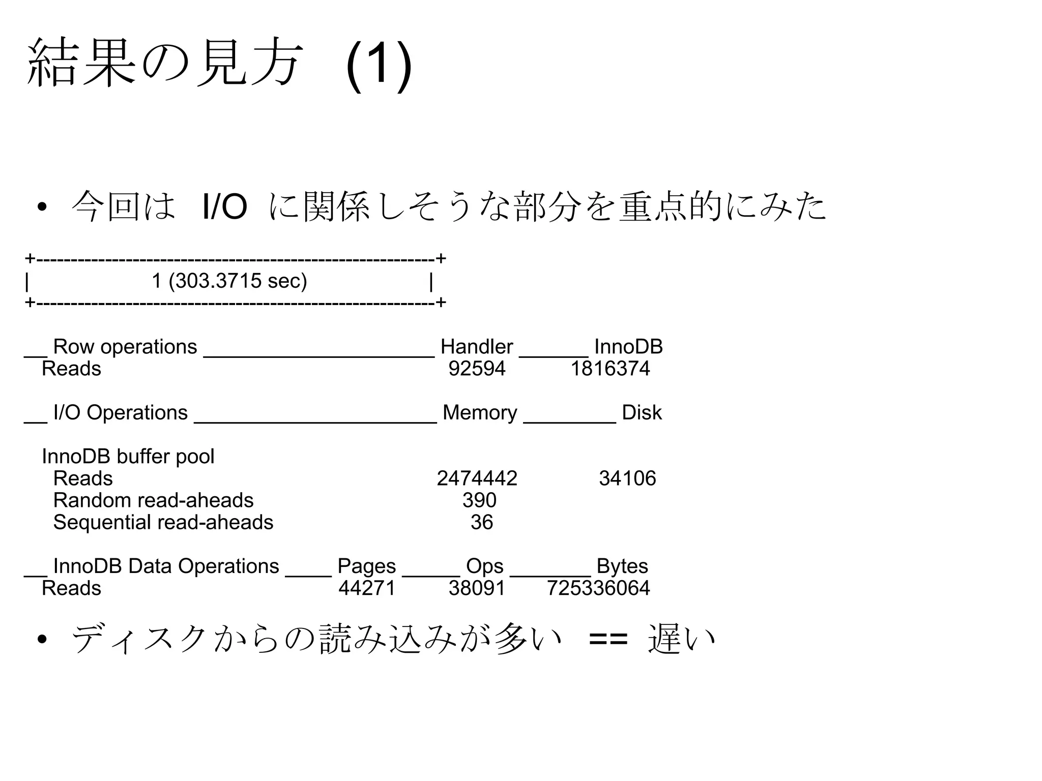 結果の見方  (1) 今回は  I/O  に関係しそうな部分を重点的にみた +----------------------------------------------------------+ |                     1 (303.3715 sec)                     | +----------------------------------------------------------+ __ Row operations ____________________ Handler ______ InnoDB     Reads                                                       92594           1816374 __ I/O Operations _____________________ Memory ________ Disk     InnoDB buffer pool       Reads                                                   2474442              34106       Random read-aheads                                    390       Sequential read-aheads                                  36 __ InnoDB Data Operations ____ Pages _____ Ops _______ Bytes     Reads                                      44271         38091       725336064 ディスクからの読み込みが多い  ==  遅い 