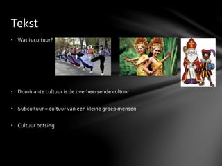 • Wat is cultuur?
• Dominante cultuur is de overheersende cultuur
• Subcultuur = cultuur van een kleine groep mensen
• Cultuur botsing
Tekst
 