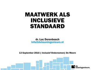 MAATWERK ALS
INCLUSIEVE
STANDAARD
dr. Luc Dorenbosch
info@debaaningenieurs.nl
13 September 2016 | Inclusief Ondernemen| De Meern
 