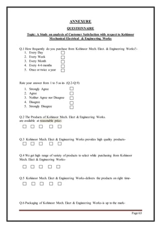 Page 63
ANNEXURE
QUESTIONNAIRE
Topic: A Study on analysis of Customer Satisfaction with respect to Kohinoor
Mechanical Ele...