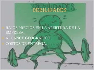 DEBILIDADESBAJOS PRECIOS EN LA APERTURA DE LA EMPRESA.ALCANCE GEOGRAFICO.COSTOS DE ENTREGA.