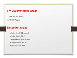 FM 200 Protected Areas
1.NOC Access Room
2.NOC IP Room
Detection Areas
a. Raise floor (NOC Access)
b. Raise floor (NOC IP)
c. Power Room (NOC Access)
d. Power Room (NOC IP)
d. Ups room 10th
floor
 