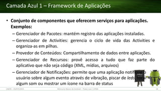 • Conjunto de componentes que oferecem serviços para aplicações.
Exemplos:
– Gerenciador de Pacotes: mantém registro das aplicações instaladas.
– Gerenciador de Activities: gerencia o ciclo de vida das Activities e
organiza-as em pilhas.
– Provedor de Conteúdos: Compartilhamento de dados entre aplicações.
– Gerenciador de Recursos: provê acesso a tudo que faz parte do
aplicativo que não seja código (XML, mídias, arquivos)
– Gerenciador de Notificações: permite que uma aplicação notiﬁque o
usuário sobre algum evento através de vibração, piscar de leds, tocar
algum som ou mostrar um ícone na barra de status
Camada Azul 1 – Framework de Aplicações
(28/05 – 03/07)/2015 Minicurso Básico de Android – Thales Levi / UFMA 18
 