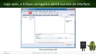Figura X. Página de download do Eclipse ADT
Tela inicial do Elipse ADT
Abriremos o SDK Manager apertando este botão
Logo após, o Eclipse carregará e abrirá sua tela de interface.
(28/05 –
03/07)/2015
Minicurso Básico de Android – Thales Levi / UFMA 35
 