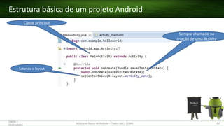 Estrutura básica de um projeto Android
(28/05 –
03/07)/2015
Minicurso Básico de Android – Thales Levi / UFMA 69
Classe principal
Sempre chamado na
criação de uma Activity
Setando o layout
 