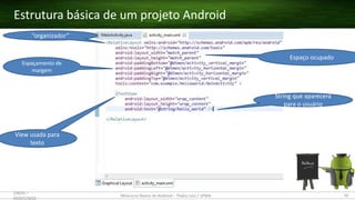 Estrutura básica de um projeto Android
(28/05 –
03/07)/2015
Minicurso Básico de Android – Thales Levi / UFMA 70
“organizador”
View usada para
texto
Espaço ocupado
Espaçamento de
margem
String que aparecerá
para o usuário
 