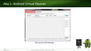 Aba 1- Android Virtual Devices
(28/05 –
03/07)/2015
Minicurso Básico de Android – Thales Levi / UFMA 73
Tela inicial do AVD Manager
 