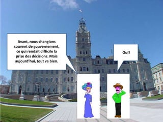 Avant, nous changions 
souvent de gouvernement, 
ce qui rendait difficile la 
prise des décisions. Mais 
aujourd’hui, tout va bien. 
Ouf! 
 