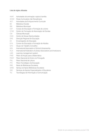 Lista de siglas utilizadas


AAAF     Actividades de animação e apoio à família
ACND     Áreas Curriculares não Disciplinares
AEC      Actividades de Enriquecimento Curricular
BE       Biblioteca Escolar
BM       Biblioteca Municipal
CEF      Cursos de Educação e Formação de Jovens
CFAE     Centro de Formação de Associação de Escolas
CM       Câmara Municipal
CNO      Centro de Novas Oportunidades
DRE      Direcção Regional de Educação
EE       Encarregados de Educação
EFA      Cursos de Educação e Formação de Adultos
GTC      Grupo de Trabalho Concelhio
IASL     International Association of School Librarianship
IFLA     International Federation of Library Associations and Institutions
LMS      Learning management system
PAM      Plano de Acção para a Matemática
PNEP     Plano Nacional do Ensino do Português
PNL      Plano Nacional de Leitura
PTE      Plano Tecnológico da Educação
RBE      Rede de Bibliotecas Escolares
SABE     Serviço de Apoio Bibliotecas Escolares
SAE      Serviços de Apoios Especializados e Educativos
TIC      Tecnologias de Informação e Comunicação




                                                                      Modelo de auto-avaliação da biblioteca escolar • 113
 