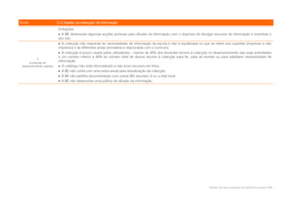 Níveis                      D.3 Gestão da colecção/ da informação
                            limitações.
                             A BE desenvolve algumas acções pontuais para difusão da informação com o objectivo de divulgar recursos de informação e incentivar o
                            seu uso.
                             A colecção não responde às necessidades de informação da escola e não é equilibrada no que se refere aos suportes (impresso e não
                            impresso) e às diferentes áreas (recreativa e relacionada com o currículo).
                             A colecção é pouco usada pelos utilizadores – menos de 45% dos docentes recorre à colecção no desenvolvimento das suas actividades
                            e um número inferior a 45% do número total de alunos recorre à colecção para ler, para se recrear ou para satisfazer necessidades de
            1
      (a precisar de
                            informação.
 desenvolvimento urgente)    O catálogo não está informatizado e não inclui recursos em linha.
                             A BE não conta com uma verba anual para actualização da colecção.
                             A BE não partilha documentação com outras BE/ escolas/ JI ou a nível local.
                             A BE não desenvolve uma política de difusão da informação.




                                                                                                                           Modelo de auto-avaliação da biblioteca escolar • 51
 