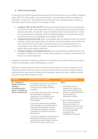 d) Análise de documentação

A vida da escola e da BE é marcada pela produção de documentos diversos, que orientam o trabalho a
realizar (PEE, PCT, Plano da BE e outra documentação) ou que assinalam ocorrências (registos de
actividades, reuniões, etc.). Estes registos escritos são assim fontes significativas para a recolha de
informação relevante sobre a escola e a sua relação com BE.

        A análise do PEE, do PAE, dos PCT e outra documentação deverá centrar-se na identificação
         das referências à BE. A partir destes documentos, é possível identificar e realizar apreciações/
         juízos de valor sobre, por exemplo, o grau de visibilidade da BE nesses documentos, a forma
         como é perspectivada a integração da BE no trabalho pedagógico e as perspectivas prévias
         dos docentes quanto às possibilidades de articulação com a BE.
        A análise de documentos da BE (plano de actividades, plano de desenvolvimento, etc.) permite
         identificar e realizar apreciações sobre, por exemplo, as áreas de trabalho onde se prevê haver
         mais investimento por parte da BE; os projectos próprios, da escola/ agrupamento ou da
         comunidade em que a BE está envolvida; os departamentos com os quais a BE prevê, à
         partida, desenvolver trabalho colaborativo.
        A análise de registos de actividades/projectos faculta a identificação dos departamentos mais
         envolvidos no trabalho com a BE; os temas mais abordados e a necessitar, eventualmente, de
         reforço nos recursos disponíveis.

A análise dos elementos recolhidos vai permitir um cruzamento entre os factores críticos de sucesso e
os perfis de desempenho, para a identificação de um nível.

Vejamos um exemplo construído sobre o domínio B. Leitura e literacia, em que o indicador B.3 e os
respectivos factores críticos de sucesso se associam directamente ao quinto enunciado do perfil de
desempenho que está incluído no modelo de auto-avaliação. Neste caso, após a análise dos dados,
considera-se que a BE se integra no nível 3.

Indicador                  Factores Críticos de Sucesso                Nível de Desempenho
B.3 Impacto do                                                         Nível 3
                             Os alunos usam o livro e a BE para
trabalho da BE nas
                            ler de forma recreativa, para se
atitudes e                                                              A BE desenvolve um
                            informar ou para realizar trabalhos
competências dos                                                         trabalho com impacto no
                            escolares.
alunos, no âmbito da                                                     crescimento do gosto pela
leitura e das literacias     Os alunos, de acordo com o seu nível       leitura e no desenvolvimento
                            de escolaridade, manifestam                  de competências
                            progressos nas competências de               associadas à leitura.
                            leitura, lendo mais e com maior
                            profundidade.                               60 a 79% dos alunos usa a
                                                                         BE ou a documentação
                             Os alunos desenvolvem trabalhos            fornecida à escola em
                            onde interagem com equipamentos e            contextos de leitura e revela,
                            ambientes informacionais variados,           de acordo com o seu nível/
                            manifestando progressos nas suas             ano de escolaridade,
                            competências no âmbito da leitura e          progressão nas
                            das literacias.                              competências de leitura.
                             Os alunos participam activamente em
                            diferentes actividades associadas à
                            promoção da leitura (Clubes de leitura,
                            fóruns de discussão, jornais, etc.).




                                                                Modelo de auto-avaliação da biblioteca escolar • 65
 