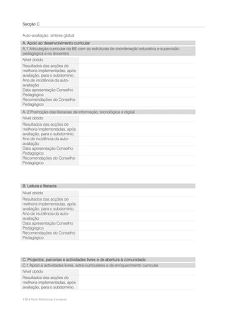 Secção C

Auto-avaliação: síntese global
A. Apoio ao desenvolvimento curricular
A.1 Articulação curricular da BE com as estruturas de coordenação educativa e supervisão
pedagógica e os docentes
Nível obtido
Resultados das acções de
melhoria implementadas, após
avaliação, para o subdomínio.
Ano de incidência da auto-
avaliação
Data apresentação Conselho
Pedagógico
Recomendações do Conselho
Pedagógico
A. 2 Promoção das literacias da informação, tecnológica e digital
Nível obtido
Resultados das acções de
melhoria implementadas, após
avaliação, para o subdomínio.
Ano de incidência da auto-
avaliação
Data apresentação Conselho
Pedagógico
Recomendações do Conselho
Pedagógico




B. Leitura e literacia
Nível obtido
Resultados das acções de
melhoria implementadas, após
avaliação, para o subdomínio.
Ano de incidência da auto-
avaliação
Data apresentação Conselho
Pedagógico
Recomendações do Conselho
Pedagógico




C. Projectos, parcerias e actividades livres e de abertura à comunidade
C.1 Apoio a actividades livres, extra-curriculares e de enriquecimento curricular
Nível obtido
Resultados das acções de
melhoria implementadas, após
avaliação, para o subdomínio.

110 • Rede Bibliotecas Escolares
 