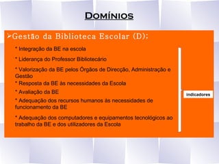 Domínios Gestão da Biblioteca Escolar (D); * Integração da BE na escola * Valorização da BE pelos Órgãos de Direcção, Administração e Gestão * Resposta da BE às necessidades da Escola * Avaliação da BE * Liderança do Professor Bibliotecário * Adequação dos recursos humanos às necessidades de funcionamento da BE * Adequação dos computadores e equipamentos tecnológicos ao trabalho da BE e dos utilizadores da Escola indicadores 