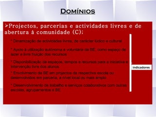 Domínios Projectos, parcerias e actividades livres e de abertura à comunidade (C); * Dinamização de actividades livres, de carácter lúdico e cultural * Apoio à utilização autónoma e voluntária da BE, como espaço de lazer e livre fruição dos recursos * Disponibilização de espaços, tempos e recursos para a iniciativa e intervenção livre dos alunos * Envolvimento da BE em projectos da respectiva escola ou desenvolvidos em parceria, a nível local ou mais amplo * Desenvolvimento de trabalho e serviços colaborativos com outras escolas, agrupamentos e BE indicadores 
