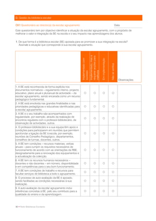 D. Gestão da biblioteca escolar

CK1 Questionário ao director(a) da escola/ agrupamento                                                                               Data

Este questionário tem por objectivo identificar a situação da escola/ agrupamento, com o propósito de
melhorar o valor e integração da BE na escola e o seu impacto nas aprendizagens dos alunos.


1. De que forma é a biblioteca escolar (BE) apoiada para se promover a sua integração na escola?
   Assinale a situação que corresponde à sua escola/ agrupamento.




                                                                             Implementado, mas a
                                                                             requerer acções para
                                                          Implementado com




                                                                                                    Em implementação


                                                                                                                       Não se verifica
                                                                             melhoria
                                                          sucesso
                                                                                                                                         Observações

1. A BE está reconhecida de forma explícita nos
documentos normativos – regulamento interno, projecto
educativo, plano anual e plurianual de actividade – da                                                                
escola/ agrupamento, sendo encarada como um recurso
pedagógico fundamental.
2. A BE está envolvida nas grandes finalidades e nas
prioridades pedagógicas e educativas identificadas para                                                               
a escola/ agrupamento.
3. A BE e o seu trabalho são acompanhados com
regularidade, por exemplo, através da realização de
                                                                                                                      
encontros regulares com o professor-bibliotecário, da
observação de actividades, outros.
4. O professor-bibliotecário e a sua equipa têm apoio e
condições para participarem em reuniões que permitem
aprofundar a ligação da BE à escola, por exemplo,                                                                     
reuniões de Conselho Pedagógico, departamentos,
conselhos de turmas, docentes, outros.
5. A BE tem condições – recursos materiais; verbas
anuais – para cumprir os requisitos necessários de
funcionamento de acordo com as orientações da RBE,                                                                    
designadamente para a renovação dos equipamentos e
a actualização da colecção.
6. A BE tem os recursos humanos necessários –
docentes e não docentes – em número, disponibilidade                                                                  
e em competências para o seu bom funcionamento.
7. A BE tem condições de trabalho e recursos para
                                                                                                                      
facultar serviços de biblioteca a todo o agrupamento.
8. O processo de auto-avaliação da BE é apoiado,
sendo facilitadas as condições necessárias à sua                                                                      
realização.
9. A auto-avaliação da escola/ agrupamento inclui
referências concretas à BE, pelo seu contributo para a                                                                
qualidade do ensino e da aprendizagem.



96 • Rede Bibliotecas Escolares
 