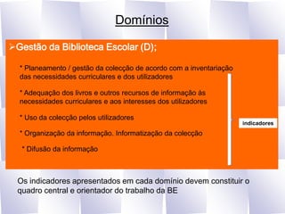 DomíniosGestão da Biblioteca Escolar (D);* Planeamento / gestão da colecção de acordo com a inventariação das necessidades curriculares e dos utilizadores* Adequação dos livros e outros recursos de informação às necessidades curriculares e aos interesses dos utilizadores * Uso da colecção pelos utilizadores indicadores* Organização da informação. Informatização da colecção * Difusão da informaçãoOs indicadores apresentados em cada domínio devem constituir o quadro central e orientador do trabalho da BE