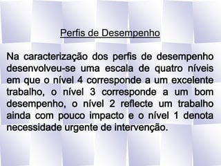 Perfis de DesempenhoNa caracterização dos perfis de desempenho desenvolveu-se uma escala de quatro níveis em que o nível 4 corresponde a um excelente trabalho, o nível 3 corresponde a um bom desempenho, o nível 2 reflecte um trabalho ainda com pouco impacto e o nível 1 denota necessidade urgente de intervenção.
