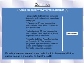 DomíniosApoio ao desenvolvimento curricular (A)* Cooperação da BE com as estruturas de coordenação educativa e supervisão pedagógica* Parceria da BE com os docentes responsáveis pelas áreas curriculares não disciplinares* Articulação da BE com os docentes responsáveis pelos serviços de apoios especializados e educativosindicadores* Ligação da BE ao Plano Tecnológico da Educação (PTE) e a outros programas e projectos curriculares de acção e inovação pedagógica e formação existentes na escolaOs indicadores apresentados em cada domínio devem constituir o quadro central e orientador do trabalho da BE