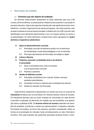 3	      Descrição do modelo

        3.1	    Domínios que são objecto de avaliação
        Os domínios seleccionados representam as áreas essenciais para que a BE
cumpra, de forma efectiva, os pressupostos e objectivos que suportam a sua acção no
processo educativo. Alguns dos aspectos incluídos são mais significativos tendo como
referência o contexto organizacional da escola portuguesa, mas todos apontam para
as áreas nucleares em que se deverá processar o trabalho da/ com a BE e que têm sido
identificados como elementos determinantes e com um impacto positivo no ensino e
na aprendizagem. Os vários elementos a analisar foram assim agrupados em quatro
domínios e respectivos subdomínios:


          A	      Apoio ao desenvolvimento curricular
                  A.1 	 Articulação curricular da biblioteca escolar com as estruturas
                           de coordenação e supervisão pedagógica e com os docentes
                  A.2 	 Promoção das literacias da informação, tecnológica e digital
          B	      Leitura e literacia
          C	      Projectos, parcerias e actividades livres e de abertura
                  à comunidade
                  C.1 	 Apoio a actividades livres, extra­ curriculares
                                                         ‑
                           e de enriquecimento curricular
                  C.2 	 Projectos e parcerias
          D	      Gestão da biblioteca escolar
                  D.1 	 Articulação da biblioteca com a escola. Acesso e serviços
                           prestados pela biblioteca
                  D.2 	 Condições humanas e materiais para a prestação dos serviços
                  D.3 	 Gestão da colecção/ da informação


        Cada domínio/ subdomínio é apresentado num quadro que inclui um conjunto de
indicadores temáticos que se concretizam em diversos factores críticos de sucesso.
Os indicadores apontam para as zonas nucleares de intervenção em cada domínio
e permitem a aplicação de elementos de medição que irão possibilitar uma aprecia‑
ção sobre a qualidade da BE. Os factores críticos de sucesso pretendem ser exem‑
plos de situações, ocorrências e acções que operacionalizam o respectivo indicador.
Os factores enunciados, de forma não exaustiva, permitem compreender melhor as
formas de concretização do indicador, tendo simultaneamente um valor informativo/
formativo. Para cada indicador são igualmente apontados possíveis fontes e instru‑



12 ·   MODELO DE AVALIAÇÃO DA BIBLIOTECA ESCOLAR
 