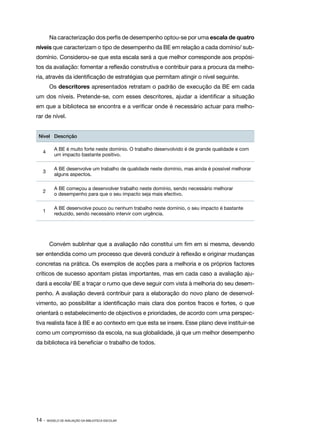 Na caracterização dos perfis de desempenho optou­ se por uma escala de quatro
                                                        ‑
níveis que caracterizam o tipo de desempenho da BE em relação a cada domínio/ sub‑
domínio. Considerou­ se que esta escala será a que melhor corresponde aos propósi‑
                   ‑
tos da avaliação: fomentar a reflexão construtiva e contribuir para a procura da melho‑
ria, através da identificação de estratégias que permitam atingir o nível seguinte.
        Os descritores apresentados retratam o padrão de execução da BE em cada
um dos níveis. Pretende­se, com esses descritores, ajudar a identificar a situação
                       ‑
em que a biblioteca se encontra e a verificar onde é necessário actuar para melho‑
rar de nível.


 Nível Descrição

           A BE é muito forte neste domínio. O trabalho desenvolvido é de grande qualidade e com
   4
           um impacto bastante positivo.

           A BE desenvolve um trabalho de qualidade neste domínio, mas ainda é possível melhorar
   3
           alguns aspectos.

           A BE começou a desenvolver trabalho neste domínio, sendo necessário melhorar
   2
           o desempenho para que o seu impacto seja mais efectivo.

           A BE desenvolve pouco ou nenhum trabalho neste domínio, o seu impacto é bastante
   1
           reduzido, sendo necessário intervir com urgência.




        Convém sublinhar que a avaliação não constitui um fim em si mesma, devendo
ser entendida como um processo que deverá conduzir à reflexão e originar mudanças
concretas na prática. Os exemplos de acções para a melhoria e os próprios factores
críticos de sucesso apontam pistas importantes, mas em cada caso a avaliação aju‑
dará a escola/ BE a traçar o rumo que deve seguir com vista à melhoria do seu desem‑
penho. A avaliação deverá contribuir para a elaboração do novo plano de desenvol‑
vimento, ao possibilitar a identificação mais clara dos pontos fracos e fortes, o que
orientará o estabelecimento de objectivos e prioridades, de acordo com uma perspec‑
tiva realista face à BE e ao contexto em que esta se insere. Esse plano deve instituir­ se
                                                                                      ‑
como um compromisso da escola, na sua globalidade, já que um melhor desempenho
da biblioteca irá beneficiar o trabalho de todos.




14 ·   MODELO DE AVALIAÇÃO DA BIBLIOTECA ESCOLAR
 